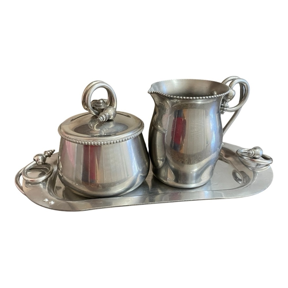 Vintage B.W. Buenilum Hammered Aluminum Creamer & Sugar Set with Matching Tray. - Picture 2 of 16